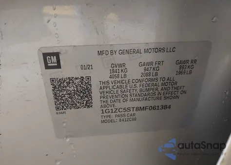 2021 Chevrolet Malibu Fwd 1Fl z USA, uszkodzony, nr VIN 1G1ZC5ST8MF061384